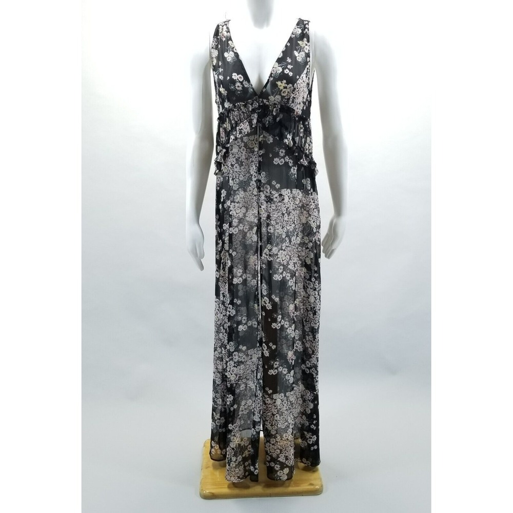 Zara Trafaluc Vest Women M Black Floral Maxi Duster Chiffon Sheer Boho Hippie‎